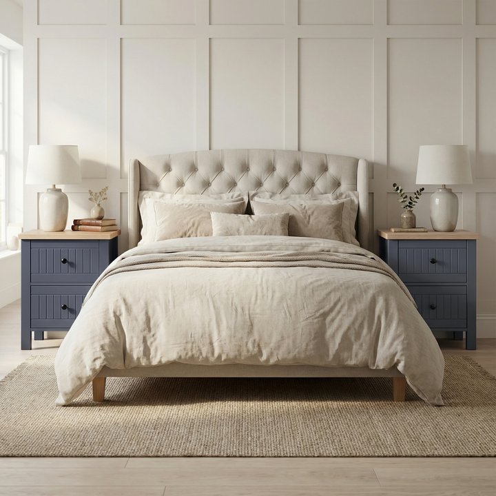 [Blue] Neatly made bed with beige bedding in a bedroom setting with two blue nightstands