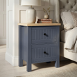 [Blue] Linra 2-drawer bedside table side view on plain background showing painted frame depth and oak top