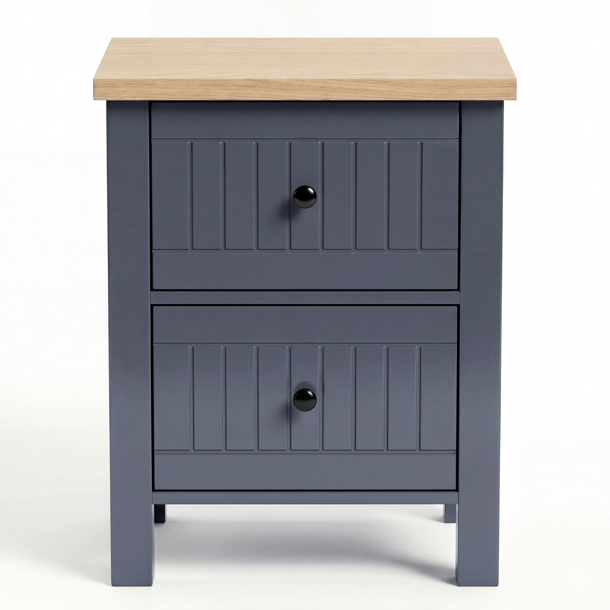 [Blue] Linra 2-drawer bedside table side profile view on white background showing frame depth and leg detail