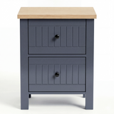 [Blue] Linra 2-drawer bedside table side profile view on white background showing frame depth and leg detail