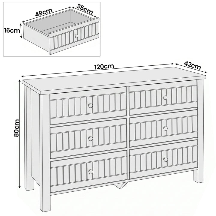 [Blue] Linra large 6 drawer chest dimensions 120 cm wide 42 cm deep 80 cm high with 49x35x16 cm drawer