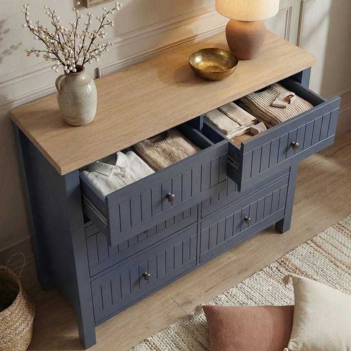 [Blue] Linra large 6 drawer chest top-down view with two upper drawers open showing folded shirts inside