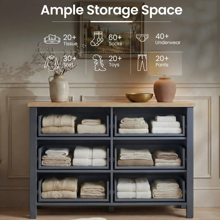 [Blue] Linra large 6 drawer chest open showing storage capacity icons for shirts, socks, toys and pants