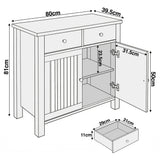 [Blue] Linra blue 2 door sideboard dimensions: 80cm W x 39.5cm D x 81cm H plus 29x31x11cm drawer detail
