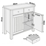 [Blue] Linra blue 2 door sideboard dimensions: 80cm W x 39.5cm D x 81cm H plus 29x31x11cm drawer detail