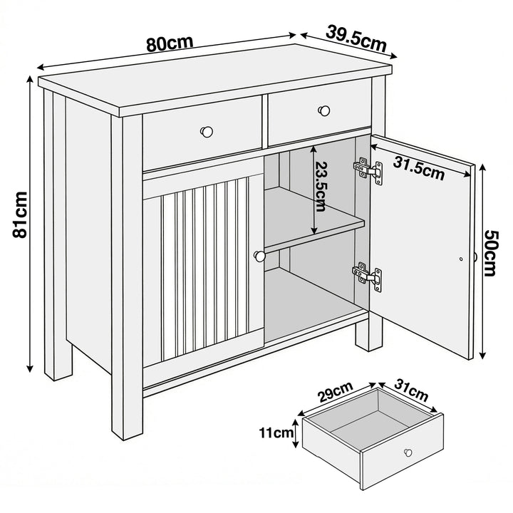 [Blue] Linra blue 2 door sideboard dimensions: 80cm W x 39.5cm D x 81cm H plus 29x31x11cm drawer detail