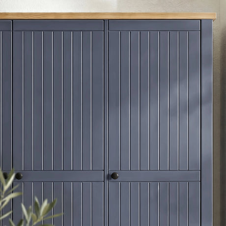 [Blue] Linra 3-door wardrobe front view showing closed beaded panel doors, bar handles, and oak veneer top panel