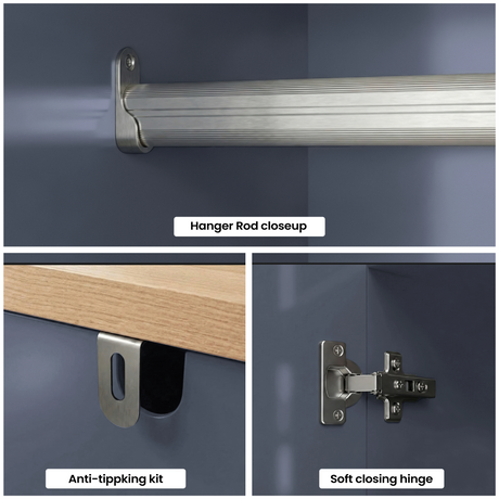 [Blue] Linra wardrobe detail composite showing metal hanging rail close-up, soft-close hinge, and 3.2cm oak top edge