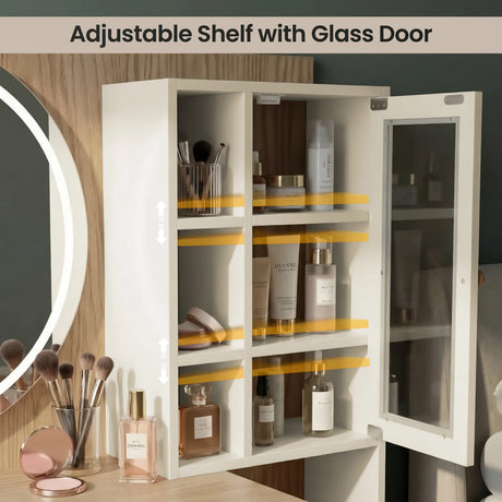 [White] Linra detail showing adjustable shelf glass door cabinet with skincare and perfume bottles arranged on three internal racks