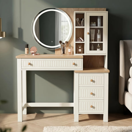 [White] Linra dressing table front perspective in a sage green room showing stacked drawer column, open shelves, and bedside context