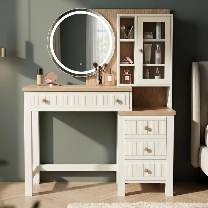 [White] Linra dressing table front perspective in a sage green room showing stacked drawer column, open shelves, and bedside context