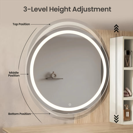 [White] Linra feature graphic showing three-level LED mirror height adjustment with top, middle, and bottom positions marked