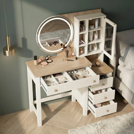 [White] Linra dressing table with all drawers pulled open revealing divided compartments, accessories on oak veneer top surface