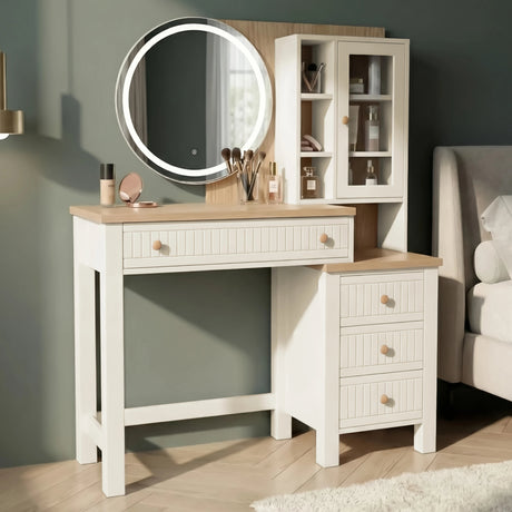 [White] Linra dressing table angled view in a deep teal bedroom setting with LED mirror glow and visible storage compartments