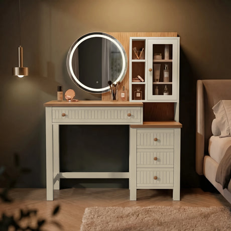 [White] Linra dressing table styled in a warm-toned bedroom with wall sconce, showing drawers, glass cabinet, and illuminated mirror