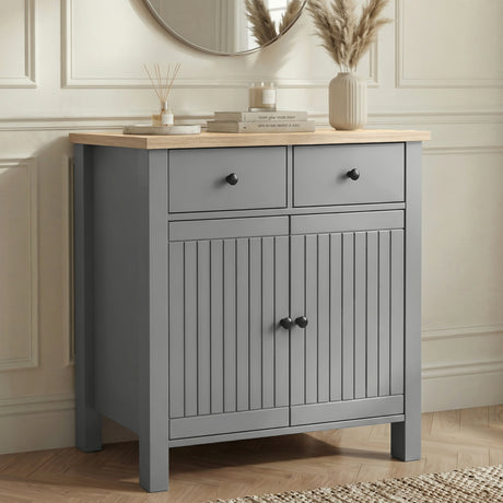 [Grey] Linra grey 2 door sideboard with 2 top drawers, round knob handles and oak veneer top in a styled hallway