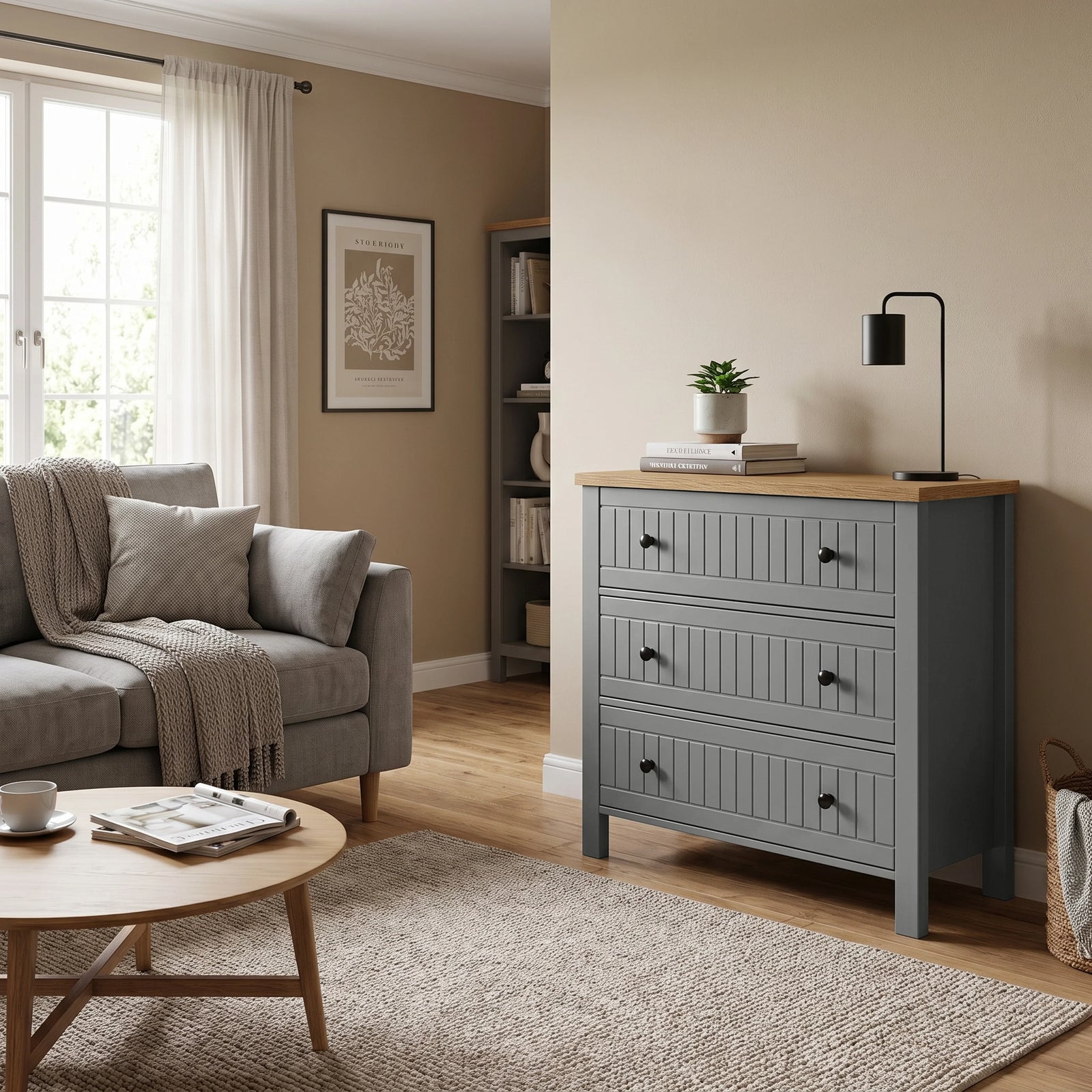 [Grey] Linra 3-drawer chest styled as living room storage beside a sofa, with black lamp, plant and books on the oak veneer top