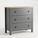 [Grey] A three-drawer chest of drawers with a grey painted body, a light natural wood top, and dark round knobs, shown on a clean white studio background.