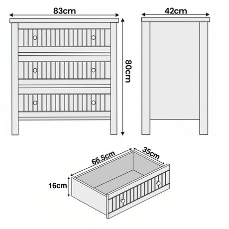[Grey] Linra chest of drawers dimensions diagram: 83 x 42 x 80 cm, drawer interior 66.5 x 35 x 16 cm