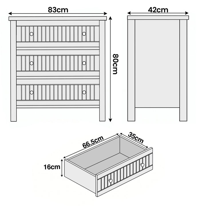 [Grey] Linra chest of drawers dimensions diagram: 83 x 42 x 80 cm, drawer interior 66.5 x 35 x 16 cm