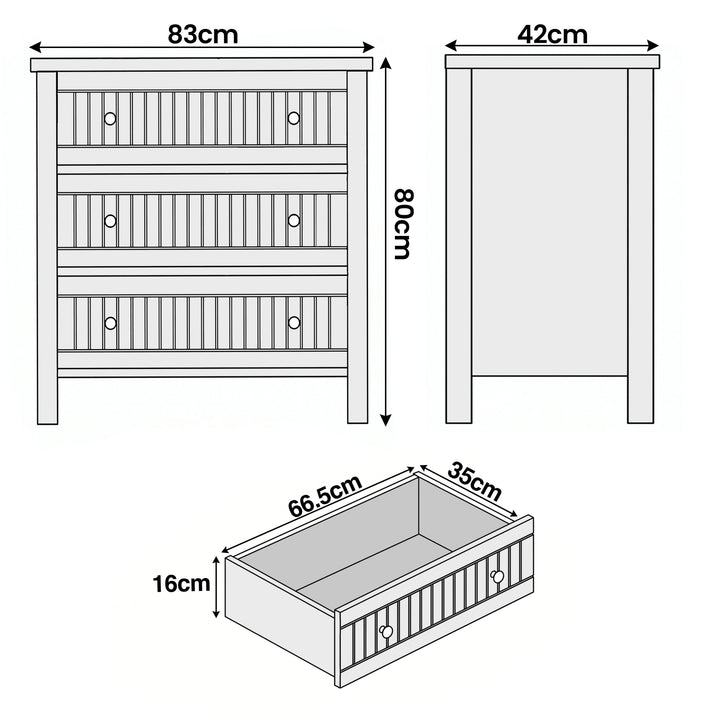 [Grey] Linra chest of drawers dimensions diagram: 83 x 42 x 80 cm, drawer interior 66.5 x 35 x 16 cm