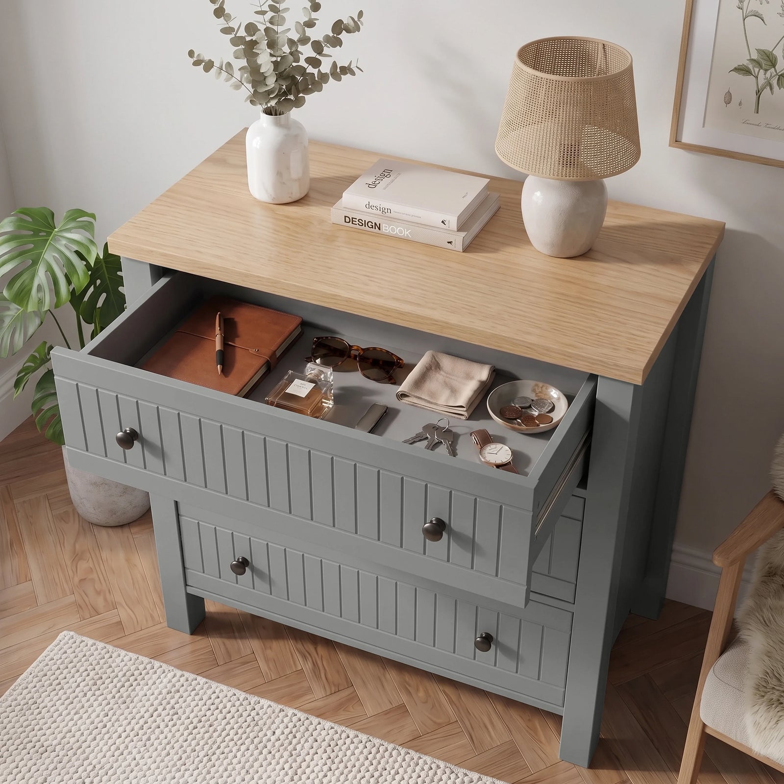 [Grey] Linra 3-drawer chest with top drawer open showing interior storage depth.