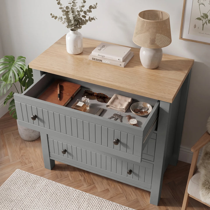 [Grey] Linra 3-drawer chest with top drawer open showing interior storage depth.