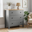 [Grey] Linra 3-drawer chest main front view with vase and decorative objects arranged on oak veneer top