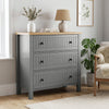 [Grey] Linra 3-drawer chest main front view with vase and decorative objects arranged on oak veneer top
