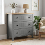 [Grey] Linra 3-drawer chest main front view with vase and decorative objects arranged on oak veneer top