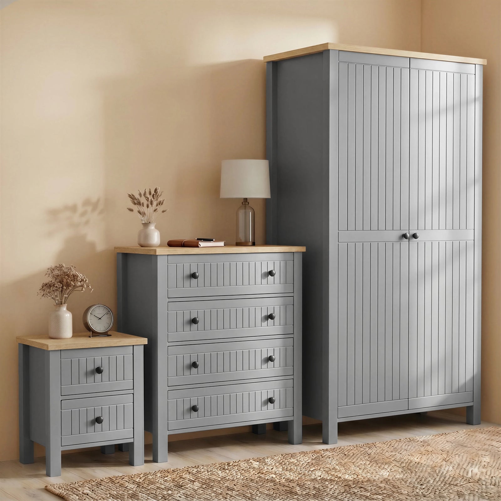 [Grey] Linra Grey Painted 3 Piece Bedroom Set - Oak Top showing the wardrobe, chest, and bedside.
