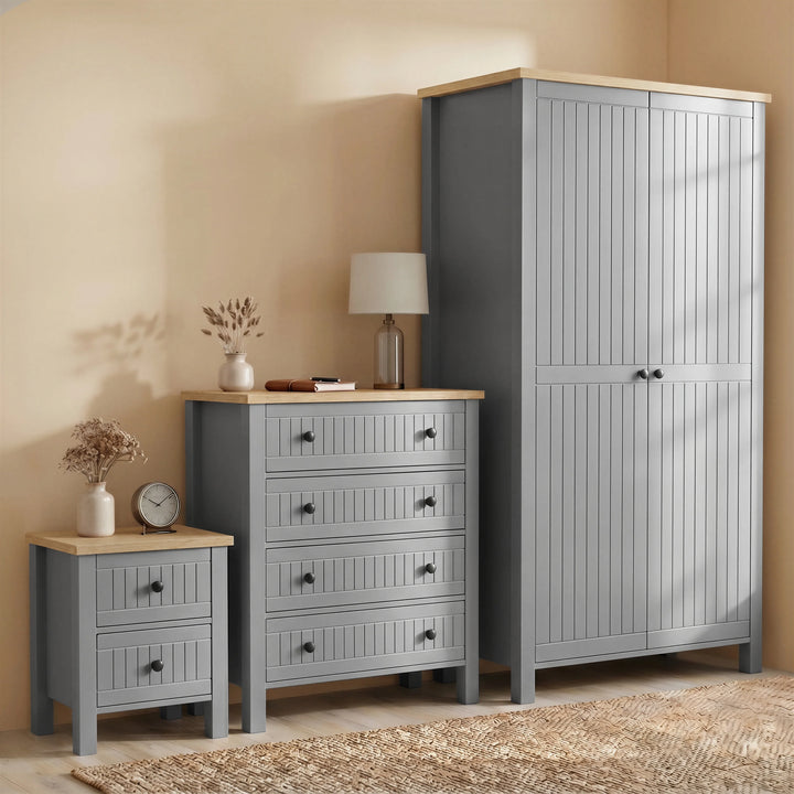[Grey] Linra Grey Painted 3 Piece Bedroom Set - Oak Top showing the wardrobe, chest, and bedside.