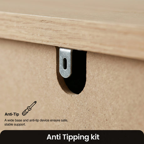 [Grey] Linra 4-drawer chest detail showing anti-tip wall safety bracket and oak veneer top edge close-up