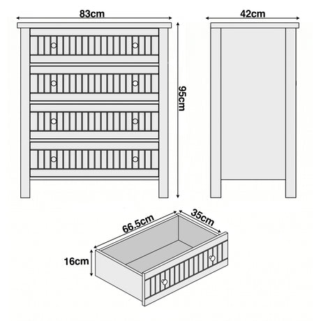 [Grey] Linra 4-drawer chest dimensions diagram showing W83cm x D42cm x H95cm with drawer depth measurements