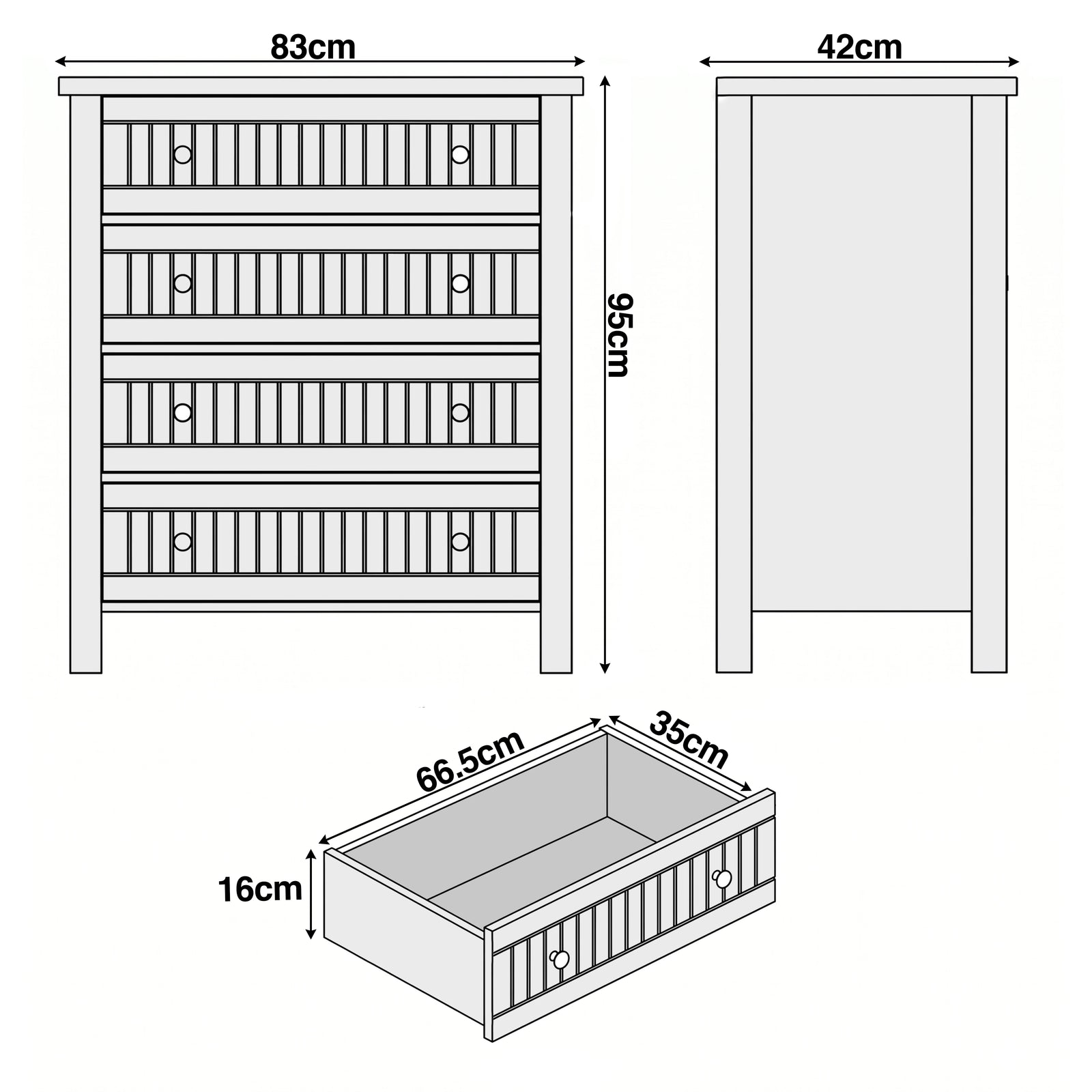 [Grey] Linra chest of drawers dimensions diagram showing 83 x 42 x 95 cm overall and drawer 66.5 x 35 x 16 cm