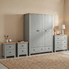 [Grey] Linra Painted 4 Piece Bedroom Furniture Set Grey featuring a triple wardrobe, three-drawer chest, and two bedsides.