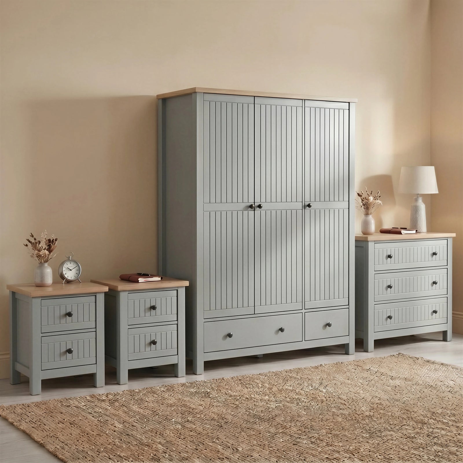 [Grey] Linra Painted 4 Piece Bedroom Furniture Set Grey featuring a triple wardrobe, three-drawer chest, and two bedsides.