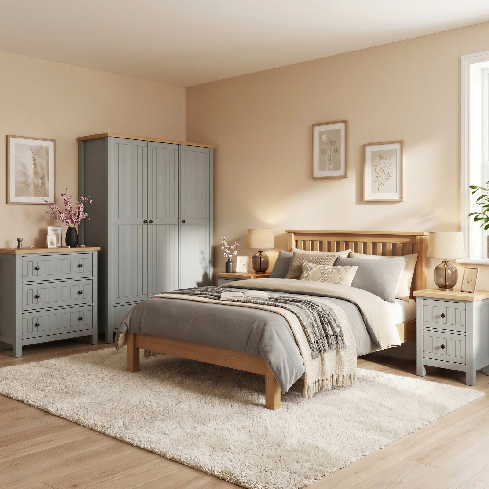 [Grey] Linra Painted 4 Piece Bedroom Furniture Set Grey - Oak Top arranged nicely in a cozy bedroom with a wooden bed.