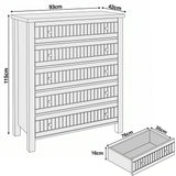 [Grey] Linra 5-drawer chest dimensions diagram showing W93cm x D42cm x H115cm with drawer depth measurements