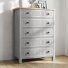 [Grey] Linra 5-drawer chest main front view with vase and decorative objects arranged on oak veneer top