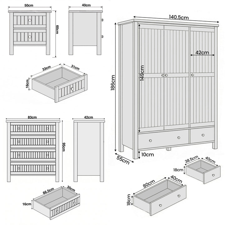 [Grey] Linra bedroom furniture set: wardrobe 140.5x55x186, chest 83x42x95, bedside 50x40x60 cm