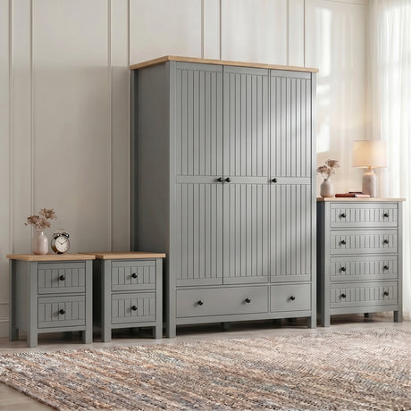 [Grey] Linra bedroom set full room lifestyle view with wardrobe, chest and bedside tables in a styled bedroom