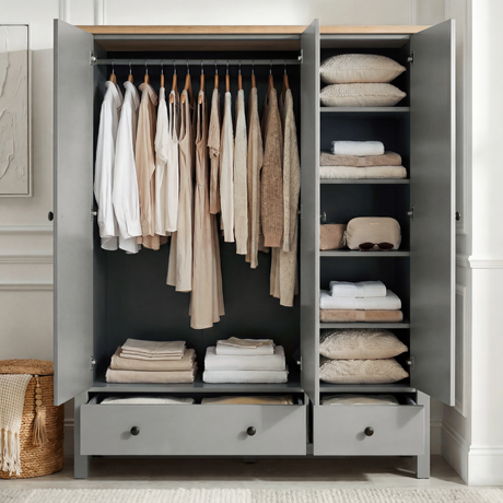 [Grey] Linra bedroom set 3-door wardrobe with doors open showing internal hanging rail and shelf storage space