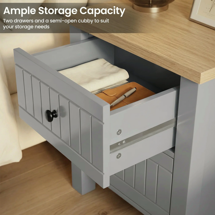 [Grey] Linra Painted 4 Piece Bedroom Furniture Set Grey close-up graphic showing the upper bedside drawer extended open.