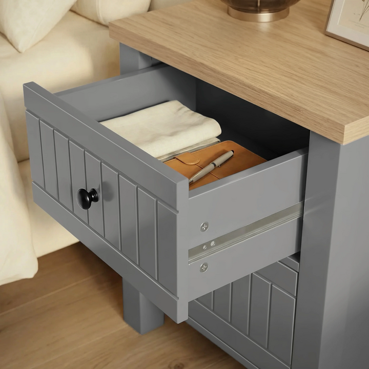 [Grey] Linra Grey Painted 3 Piece Bedroom Set - Oak Top close-up view of the extended upper bedside drawer.