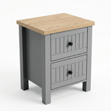 [Grey] Linra 2-drawer bedside table angled 3/4 view on white background showing depth and oak veneer top