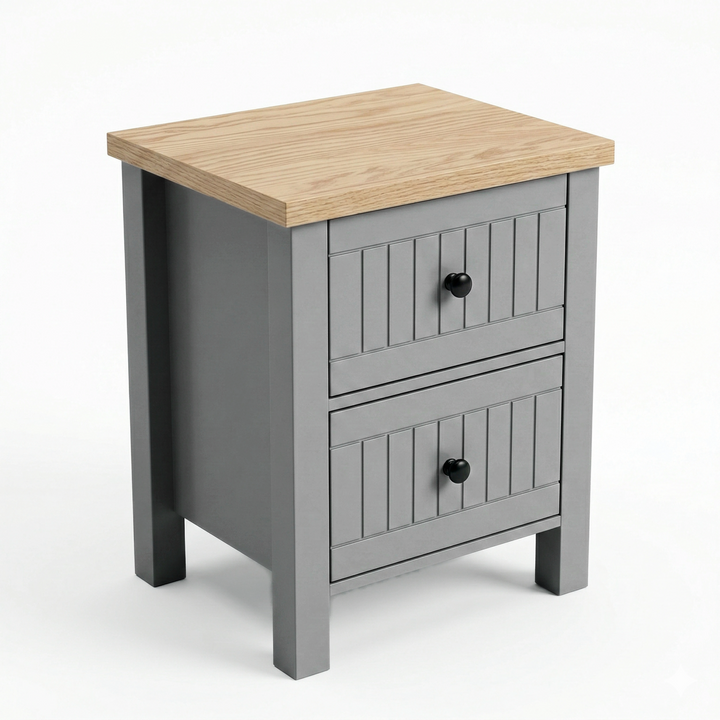 [Grey] Linra 2-drawer bedside table angled 3/4 view on white background showing depth and oak veneer top