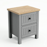 [Grey] Linra 2-drawer bedside table angled 3/4 view on white background showing depth and oak veneer top