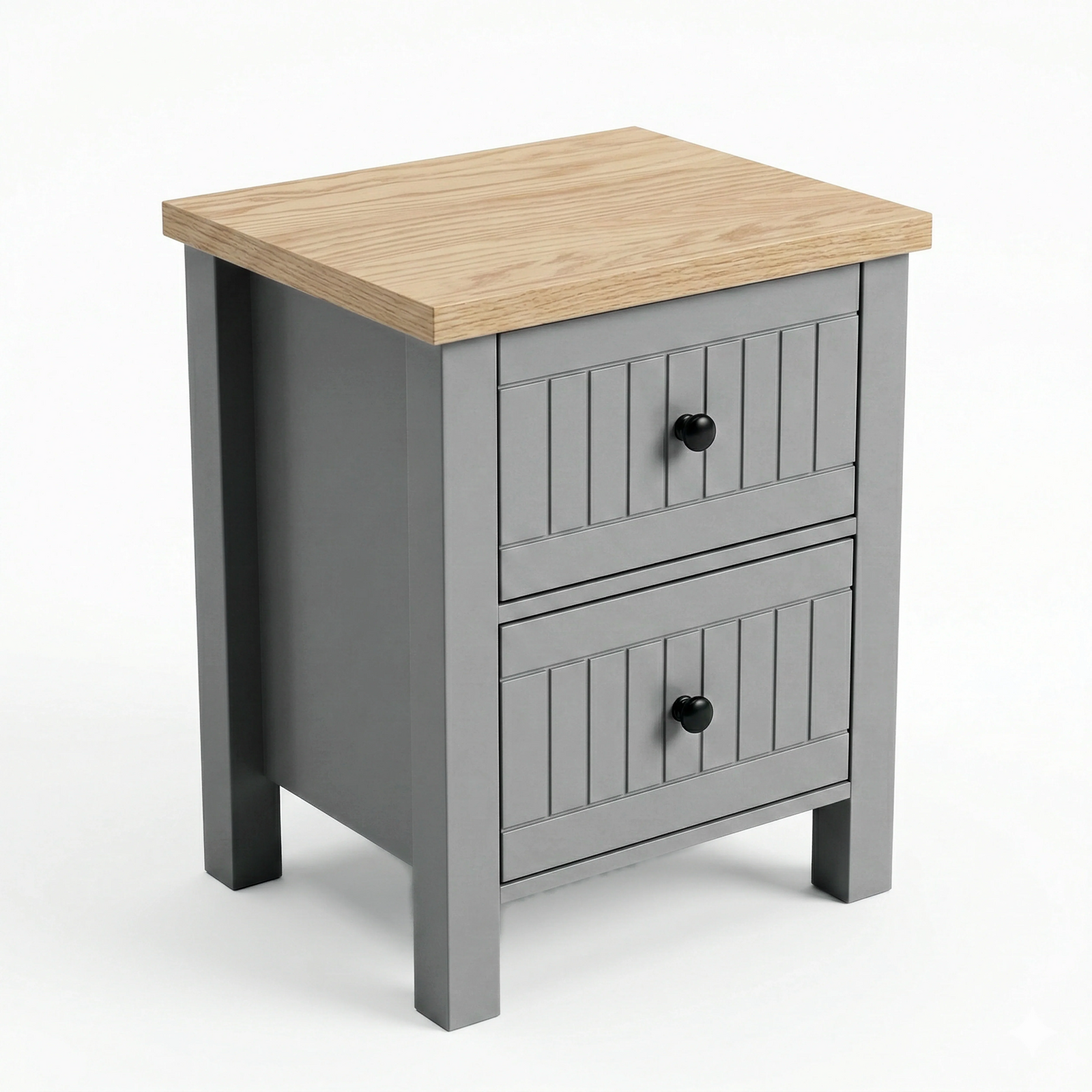 [Grey] Linra 2-drawer bedside table angled 3/4 view on white background showing depth and oak veneer top