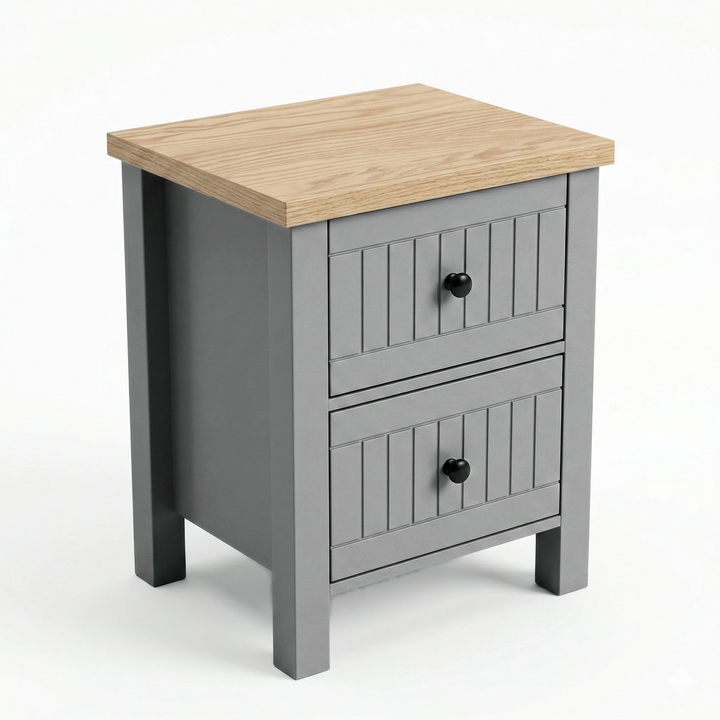 [Grey] Linra 2-drawer bedside table angled 3/4 view on white background showing depth and oak veneer top